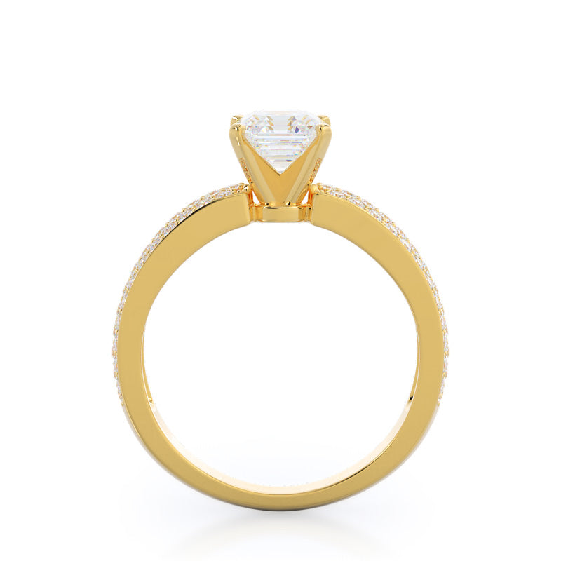 Three Row Micro Pave Diamond Engagement Ring with Asscher Cut Diamond in 14KT Yellow Gold view 2
