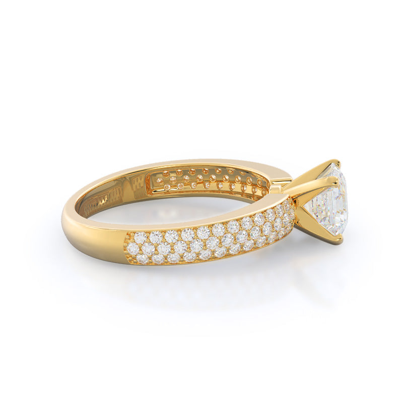 Three Row Micro Pave Diamond Engagement Ring with Asscher Cut Diamond in 14KT Yellow Gold view 3

