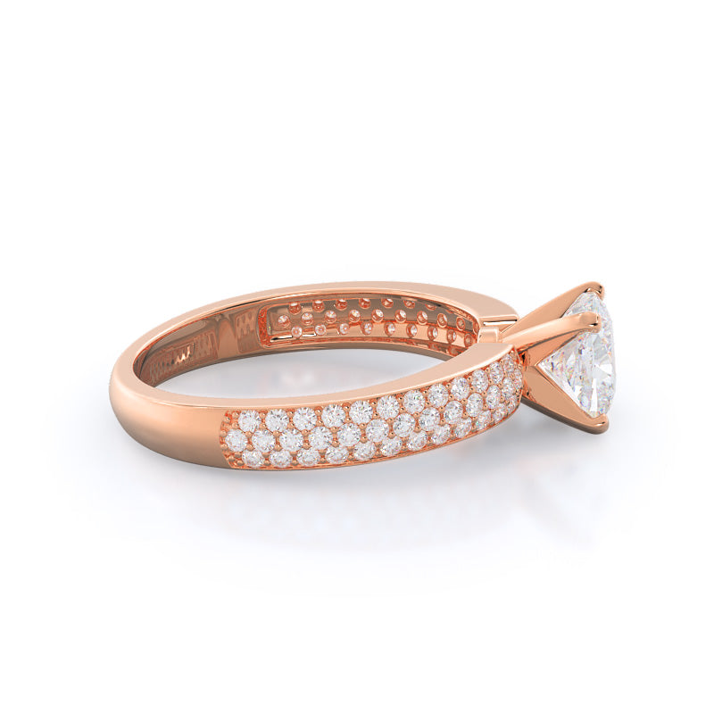 Three Row Micro Pave Diamond Engagement Ring with Cushion Cut Diamond in 14KT Rose Gold view 3

