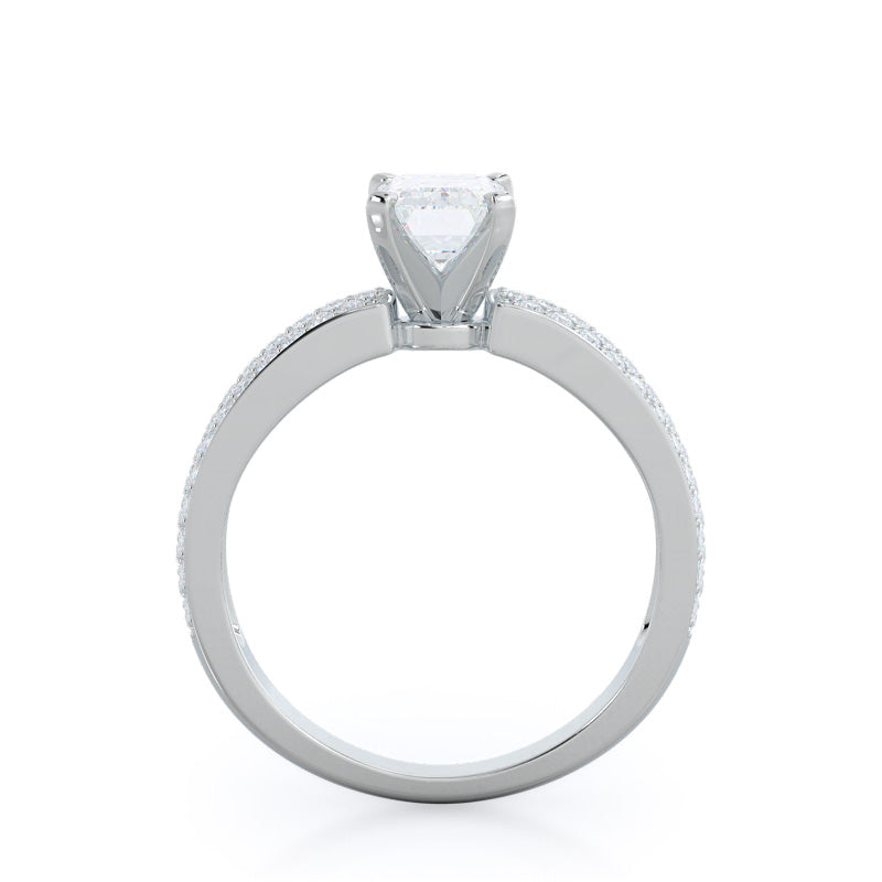 Three Row Micro Pave Diamond Engagement Ring with Emerald Cut Diamond in 14KT Platinum view 2
