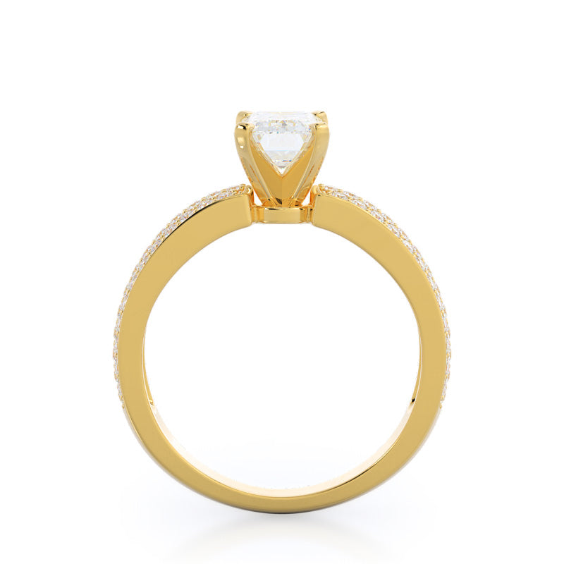 Three Row Micro Pave Diamond Engagement Ring with Emerald Cut Diamond in 14KT Yellow Gold view 2
