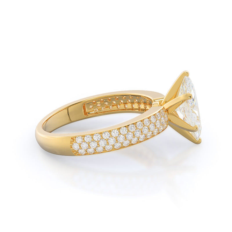 Three Row Micro Pave Diamond Engagement Ring with Marquise Cut Diamond in 14KT Yellow Gold view 3
