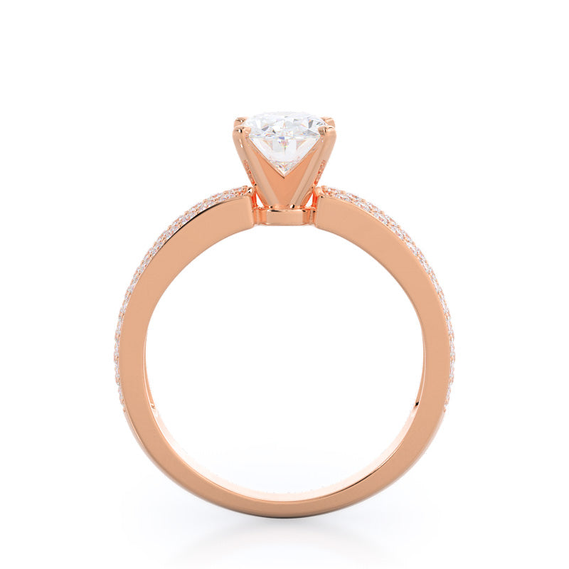 Three Row Micro Pave Diamond Engagement Ring with Oval Cut Diamond in 14KT Rose Gold view 2
