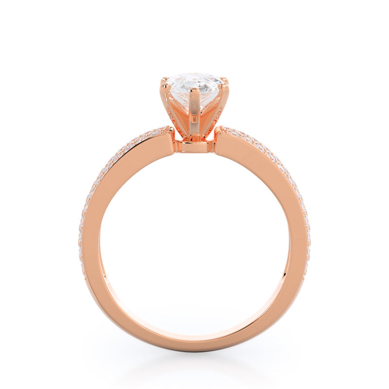 Three Row Micro Pave Diamond Engagement Ring with Pear Cut Diamond in 14KT Rose Gold view 2
