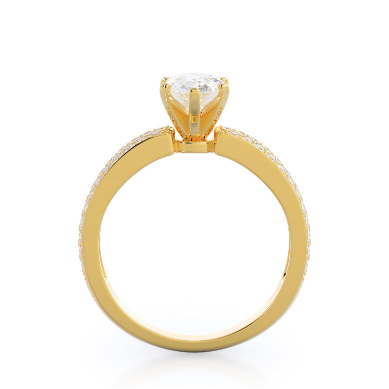 Three Row Micro Pave Diamond Engagement Ring with Pear Cut Diamond in 14KT Yellow Gold view 2
