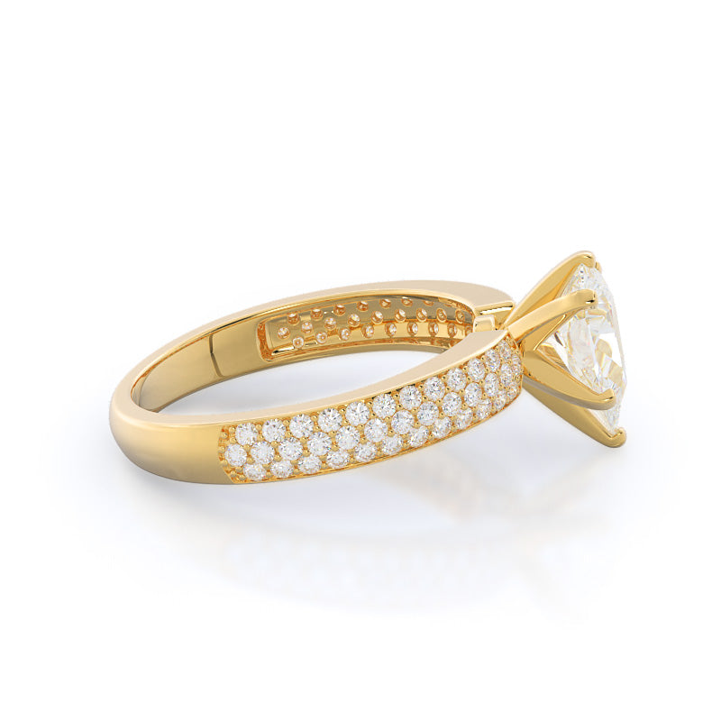 Three Row Micro Pave Diamond Engagement Ring with Pear Cut Diamond in 14KT Yellow Gold view 3
