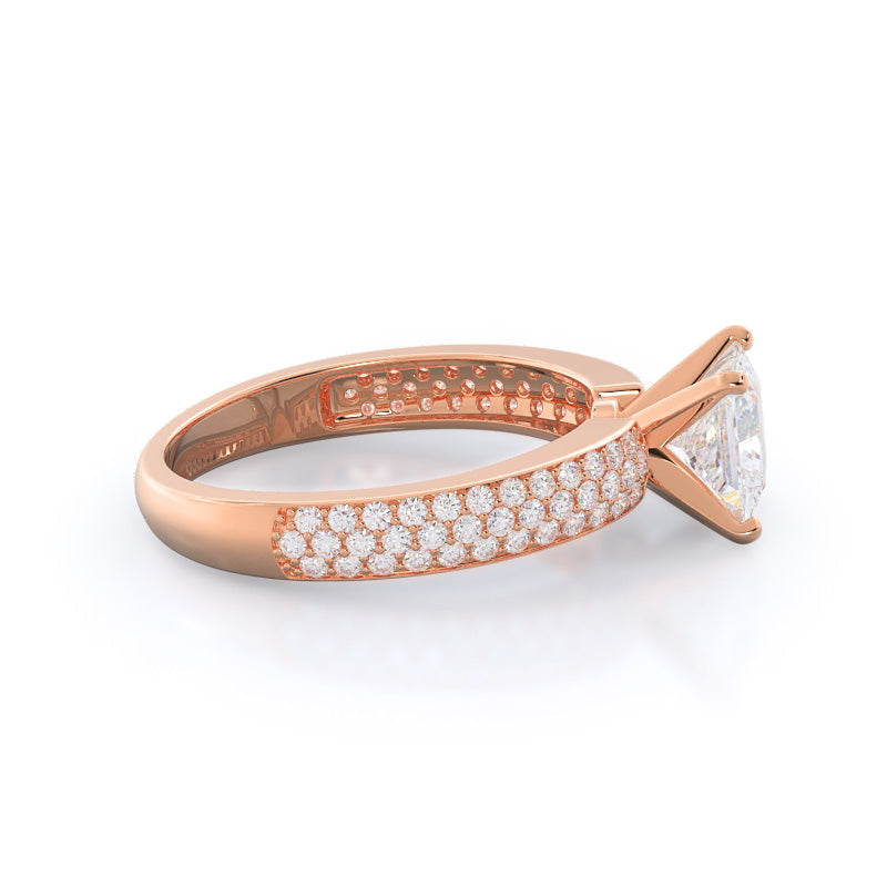 Three Row Micro Pave Diamond Engagement Ring with Princess Cut Diamond in 14KT Rose Gold view 3
