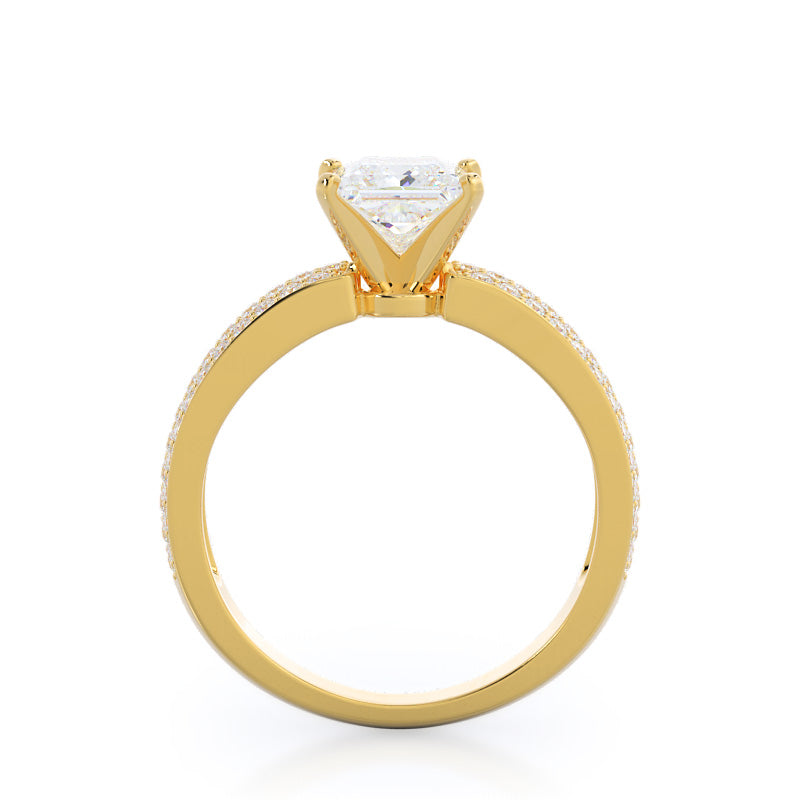 Three Row Micro Pave Diamond Engagement Ring with Princess Cut Diamond in 14KT Yellow Gold view 2

