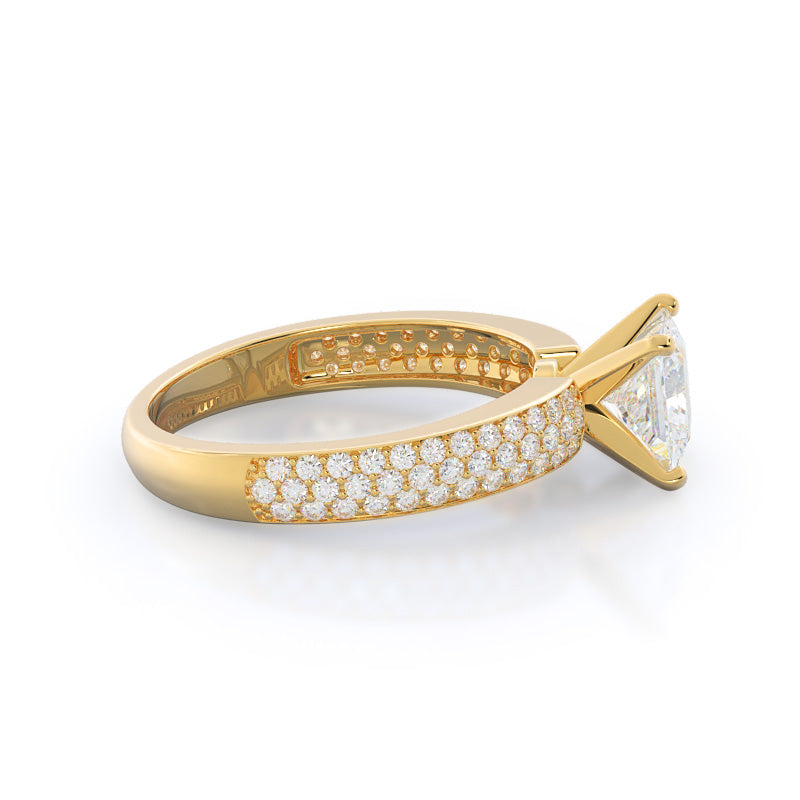 Three Row Micro Pave Diamond Engagement Ring with Princess Cut Diamond in 14KT Yellow Gold view 3
