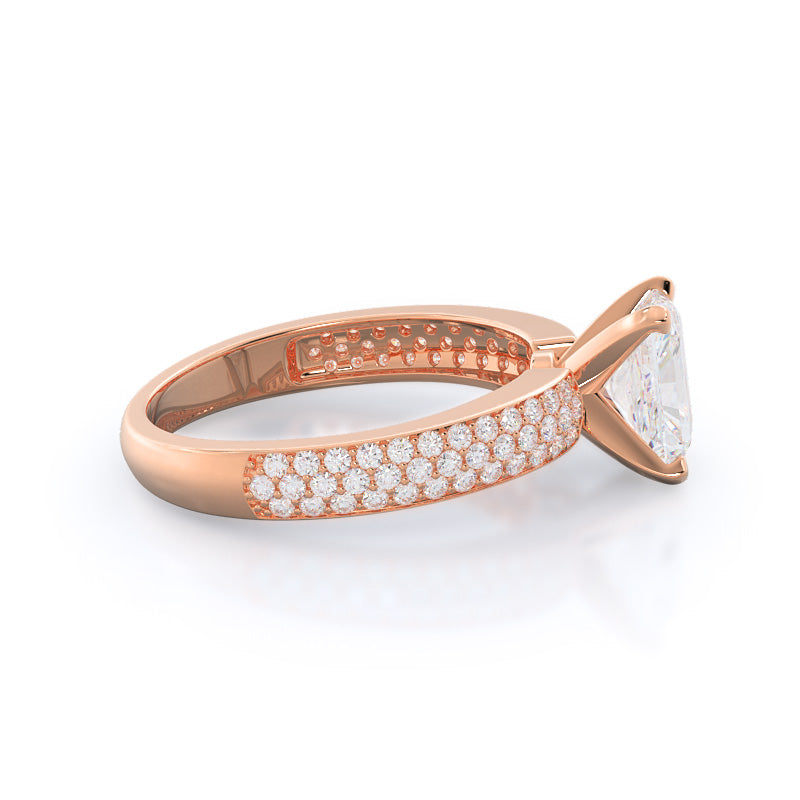 Three Row Micro Pave Diamond Engagement Ring with Radiant Cut Diamond in 14KT Rose Gold view 3
