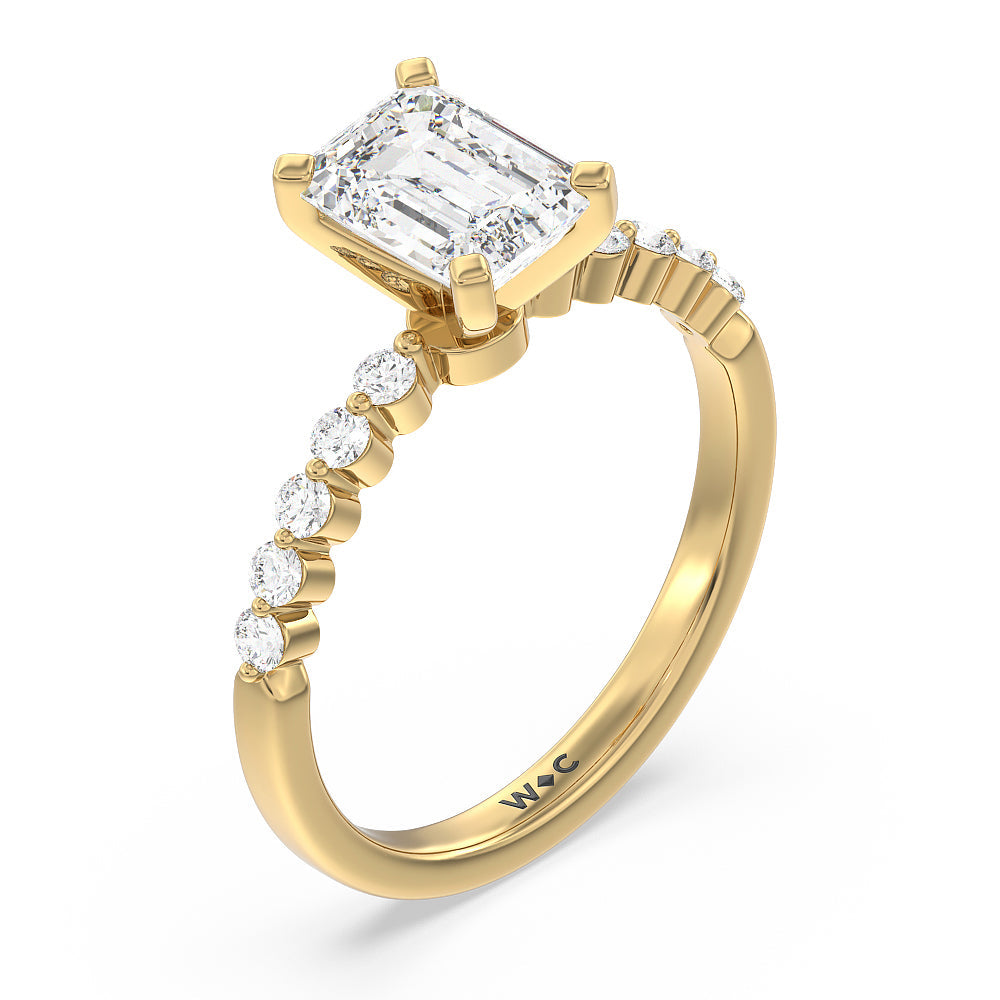 Under Bezeled Accent Diamond Engagement Ring with Emerald Cut Diamond in 14KT Yellow Gold view 3
