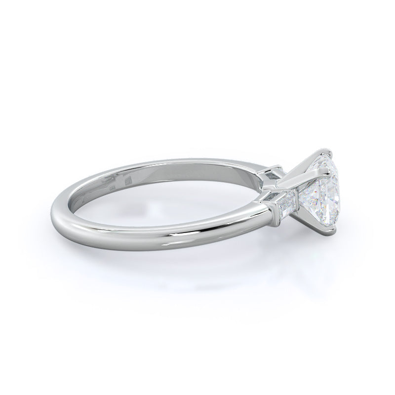 Three Stone Baguette Engagement Ring with Cushion Cut Diamond in 14KT Platinum view 3
