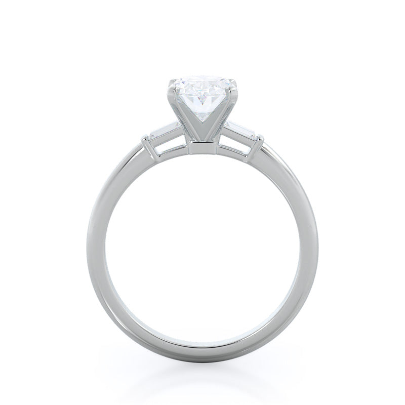 Three Stone Baguette Engagement Ring with Oval Cut Diamond in 14KT Platinum view 2
