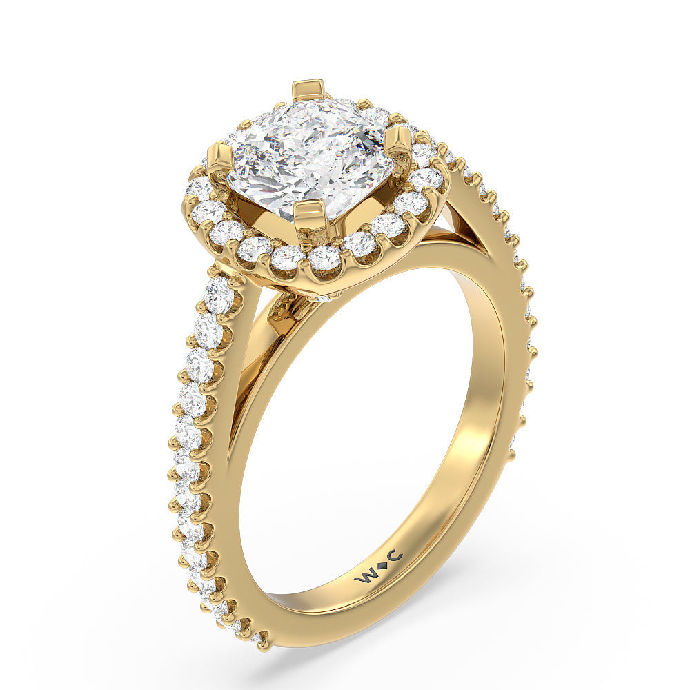 Pave Diamond Halo Engagement Ring with Cushion Cut Diamond in 14KT Yellow Gold view 3
