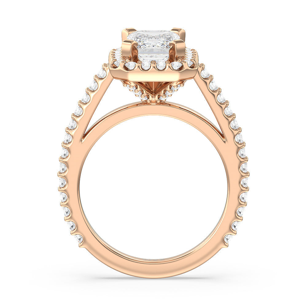 Pave Diamond Halo Engagement Ring with Emerald Cut Diamond in 14KT Rose Gold view 2
