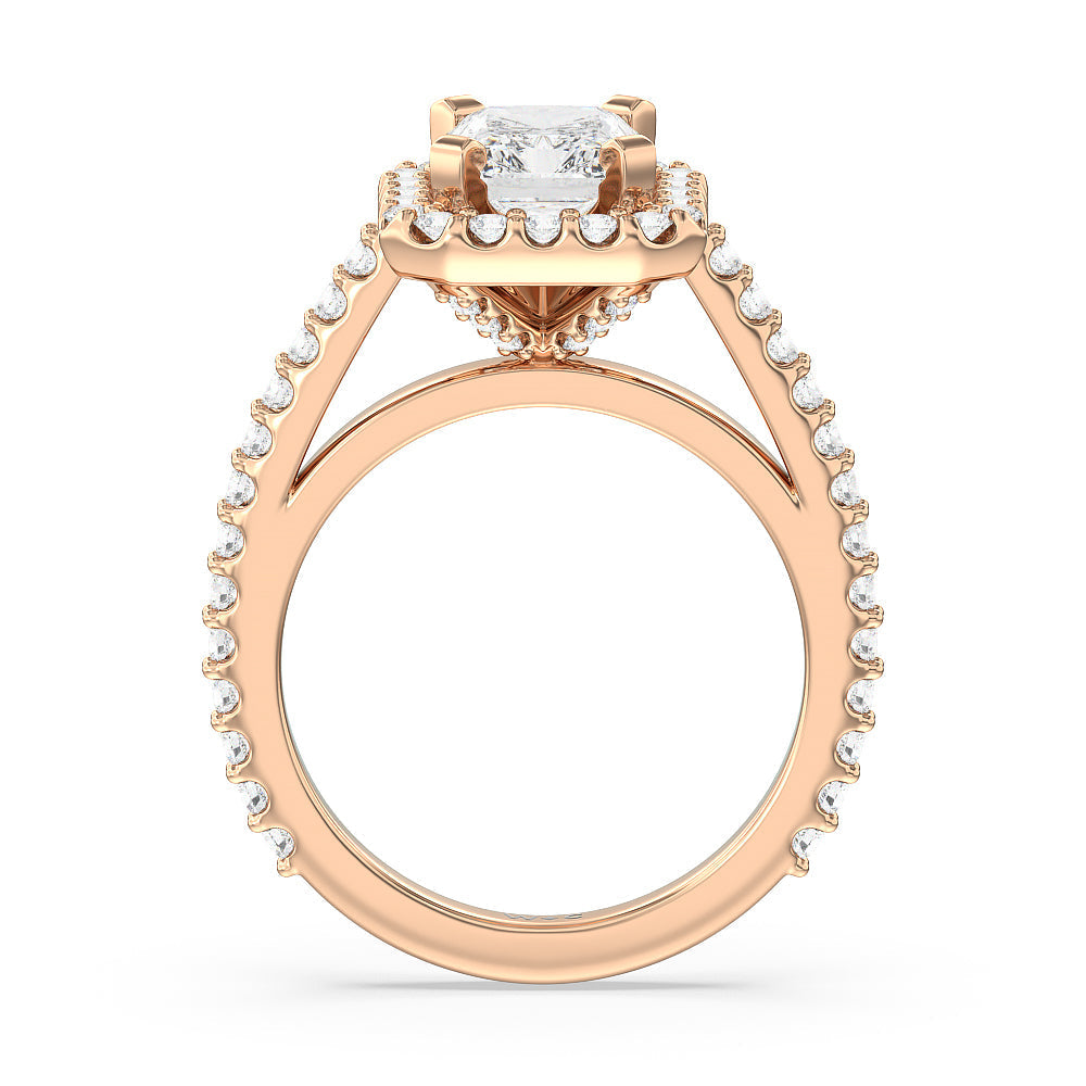 Pave Diamond Halo Engagement Ring with Radiant Cut Diamond in 14KT Rose Gold view 2
