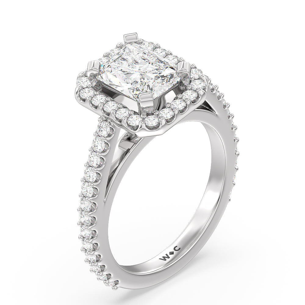 Pave Diamond Halo Engagement Ring with Radiant Cut Diamond in 14KT Platinum view 3
