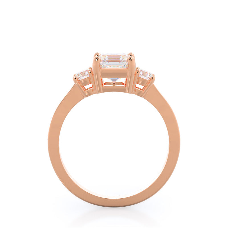Petite Three Stone Diamond Engagement Ring with Asscher Cut Diamond in 14KT Rose Gold view 2

