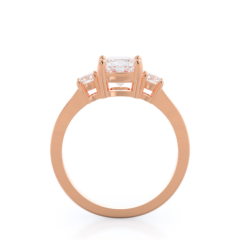 Petite Three Stone Diamond Engagement Ring with Cushion Cut Diamond in 14KT Rose Gold view 2
