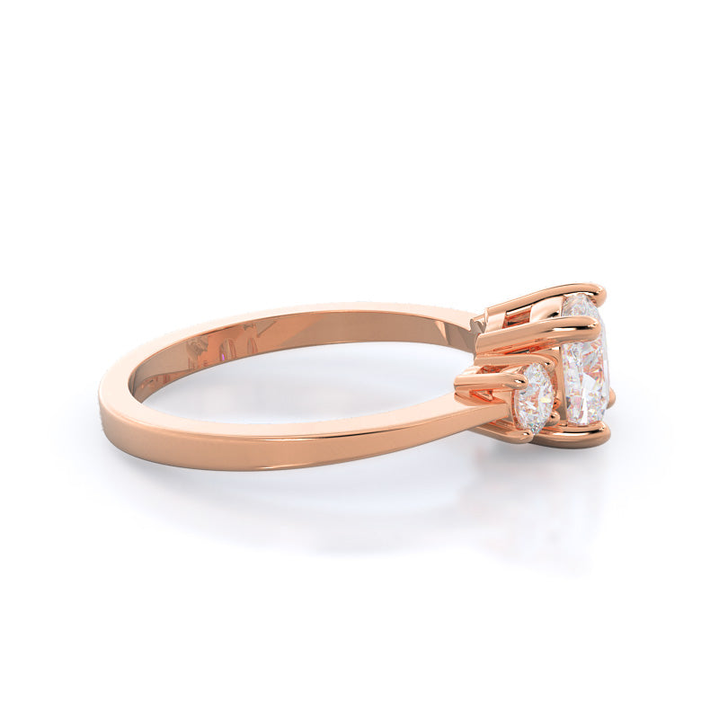 Petite Three Stone Diamond Engagement Ring with Cushion Cut Diamond in 14KT Rose Gold view 3
