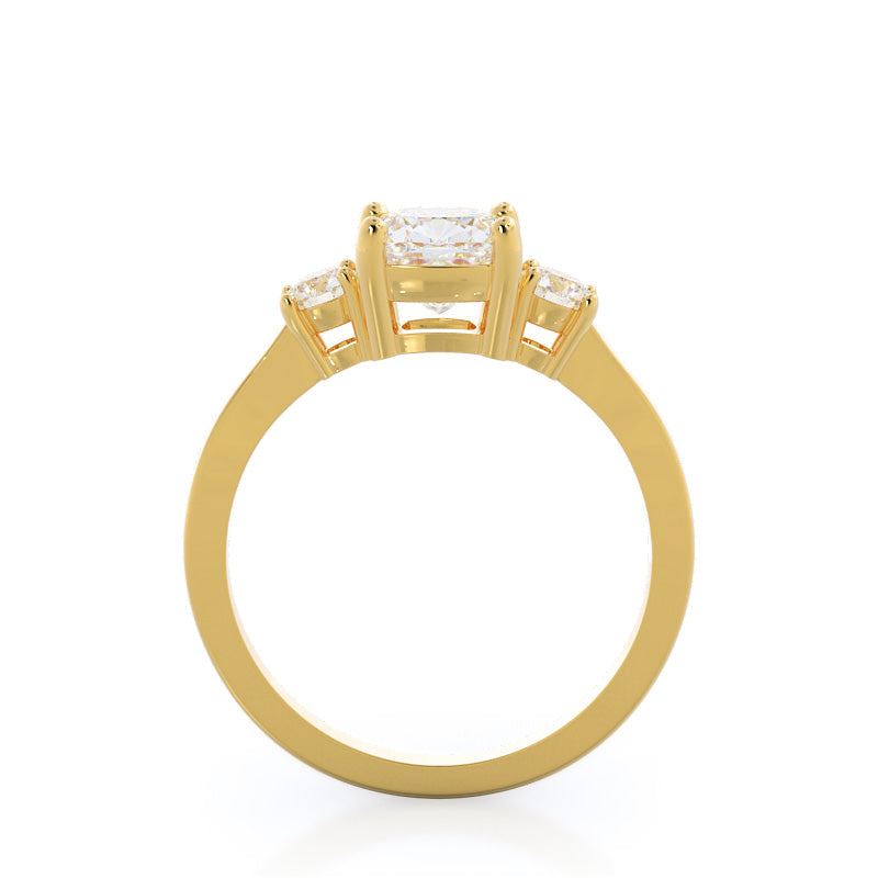 Petite Three Stone Diamond Engagement Ring with Cushion Cut Diamond in 14KT Yellow Gold view 2
