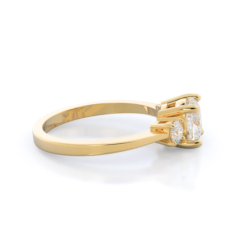 Petite Three Stone Diamond Engagement Ring with Cushion Cut Diamond in 14KT Yellow Gold view 3
