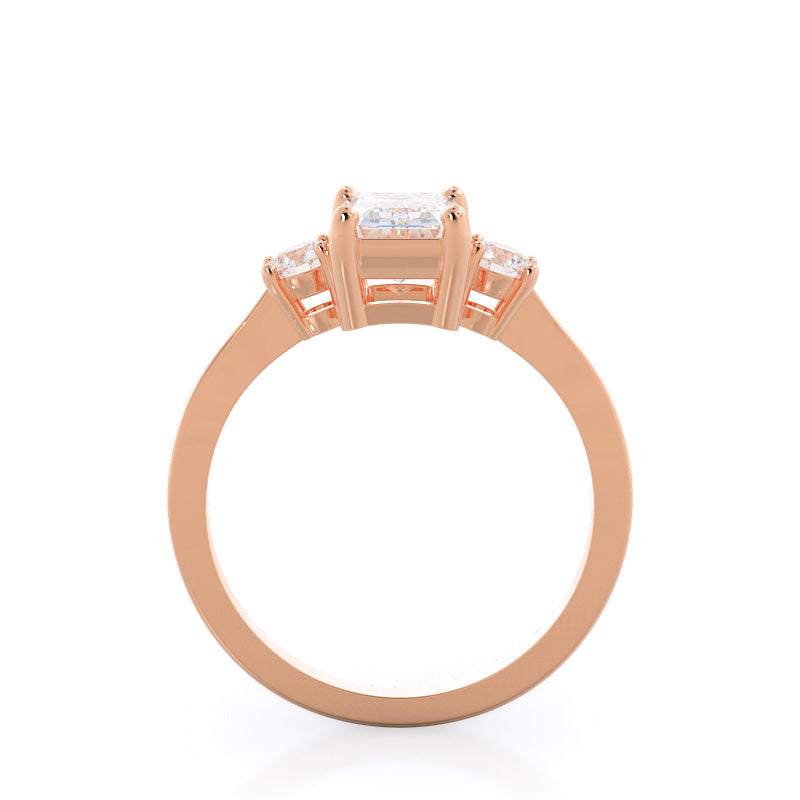 Petite Three Stone Diamond Engagement Ring with Emerald Cut Diamond in 14KT Rose Gold view 2
