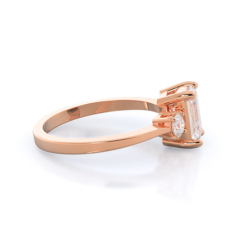 Petite Three Stone Diamond Engagement Ring with Emerald Cut Diamond in 14KT Rose Gold view 3
