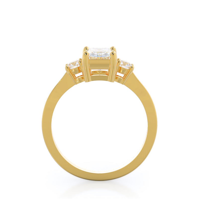 Petite Three Stone Diamond Engagement Ring with Emerald Cut Diamond in 14KT Yellow Gold view 2
