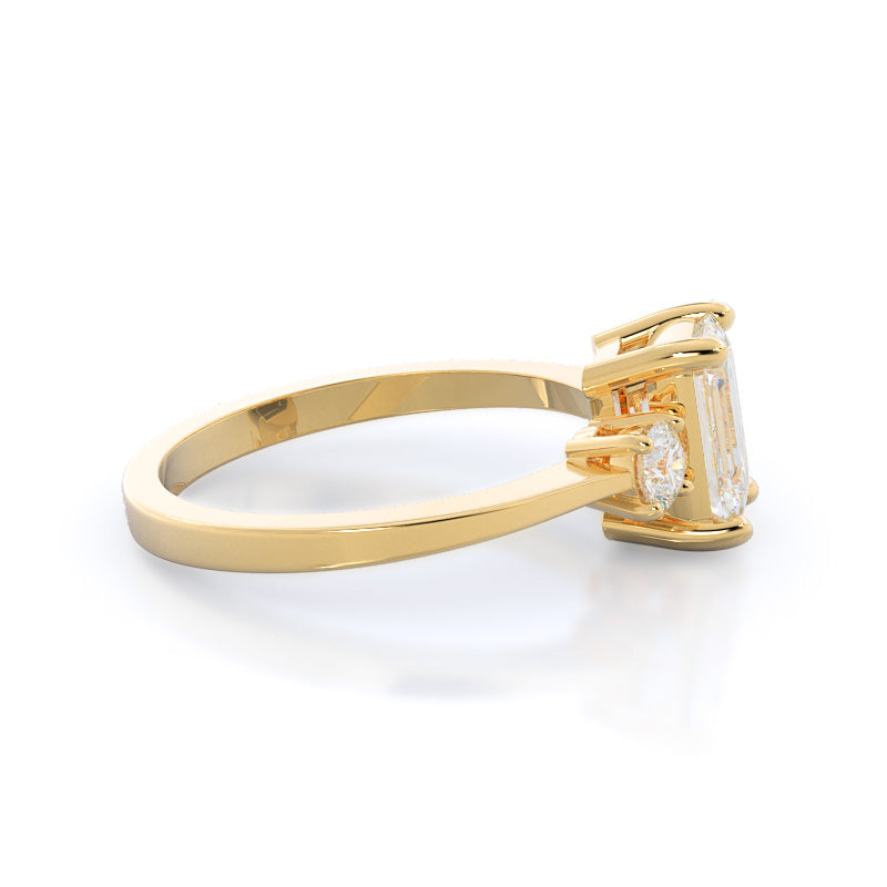 Petite Three Stone Diamond Engagement Ring with Emerald Cut Diamond in 14KT Yellow Gold view 3
