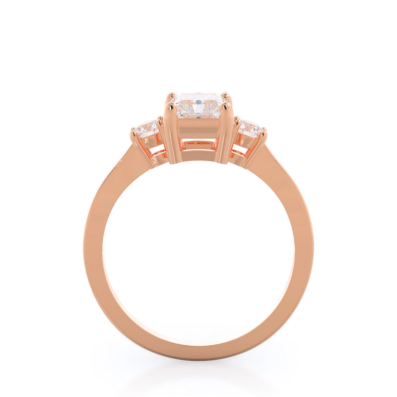 Petite Three Stone Diamond Engagement Ring with Radiant Cut Diamond in 14KT Rose Gold view 2

