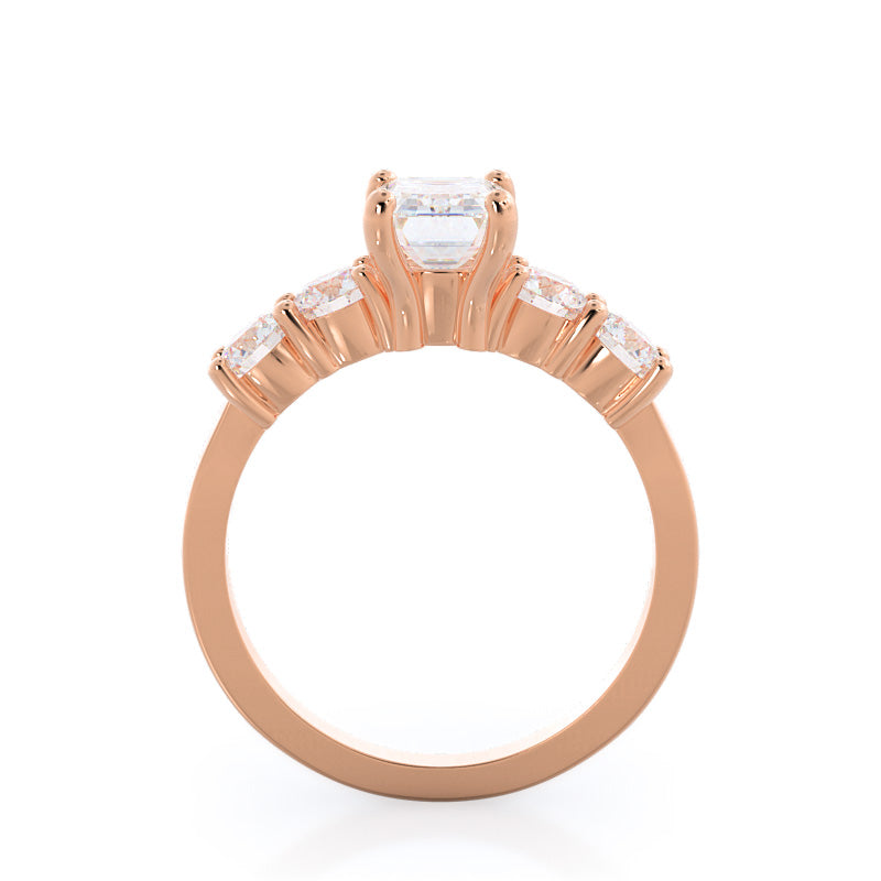 Five Stone Diamond Engagement Ring with Emerald Cut Diamond in 14KT Rose Gold view 2
