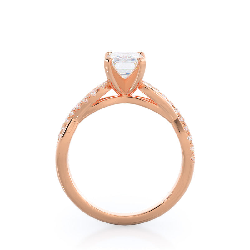 Weaving Diamond Pave Engagement Ring with Emerald Cut Diamond in 14KT Rose Gold view 2
