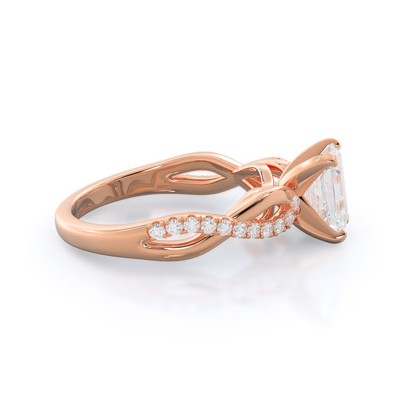 Weaving Diamond Pave Engagement Ring with Emerald Cut Diamond in 14KT Rose Gold view 3
