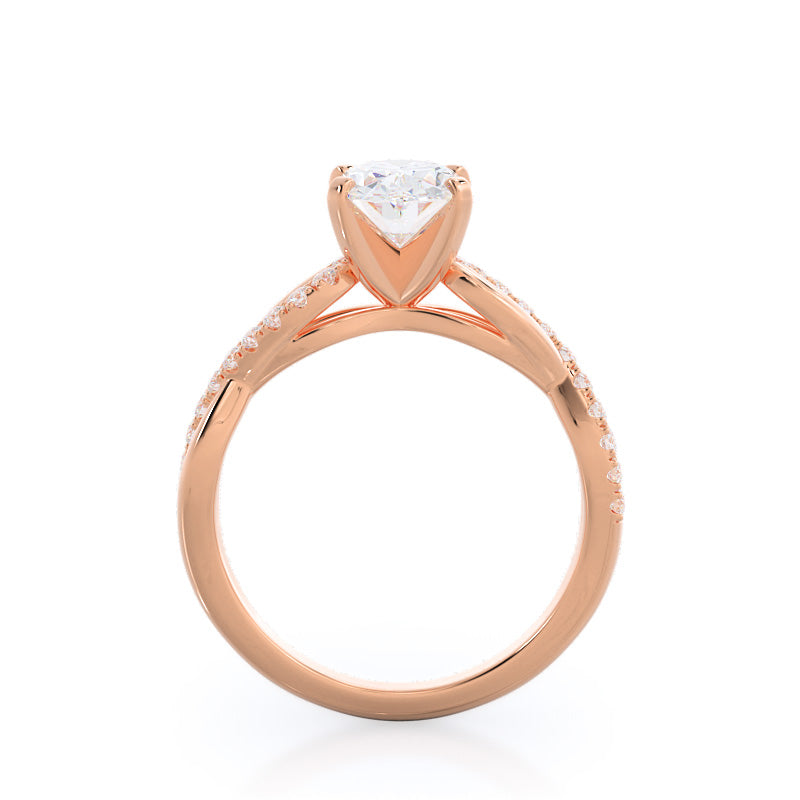 Weaving Diamond Pave Engagement Ring with Oval Cut Diamond in 14KT Rose Gold view 2
