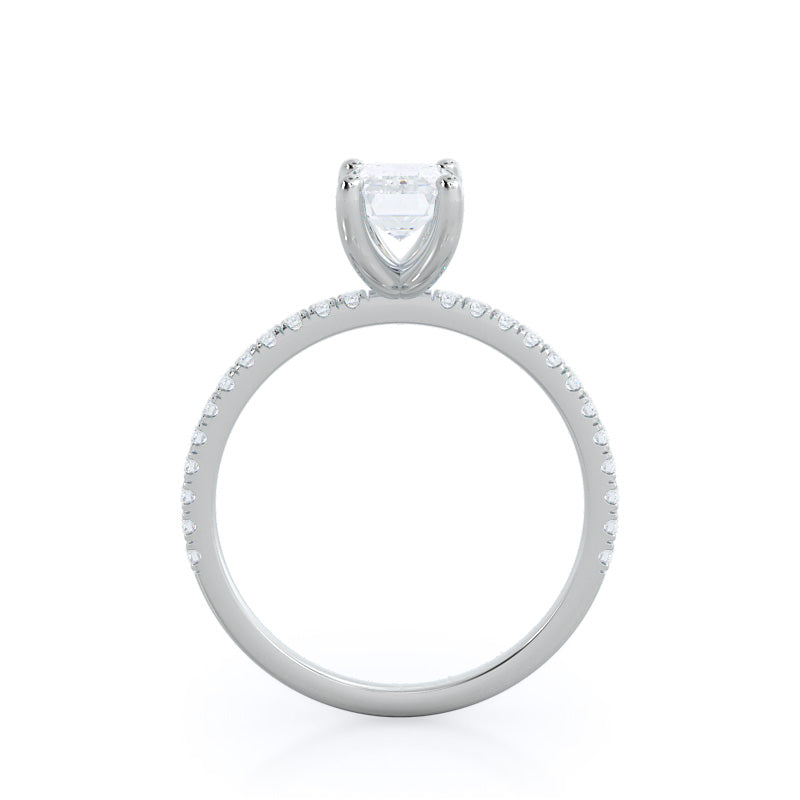 Petite Micro Pave Diamond Engagement Ring with Emerald Cut Diamond in 14KT Platinum view 2

