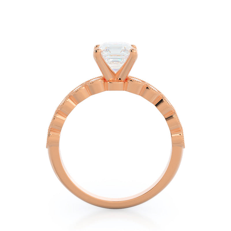 Milgrain Bezel Diamond Engagement Ring with Asscher Cut Diamond in 14KT Rose Gold view 2

