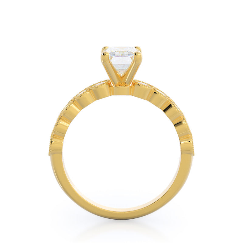 Milgrain Bezel Diamond Engagement Ring with Emerald Cut Diamond in 14KT Yellow Gold view 2
