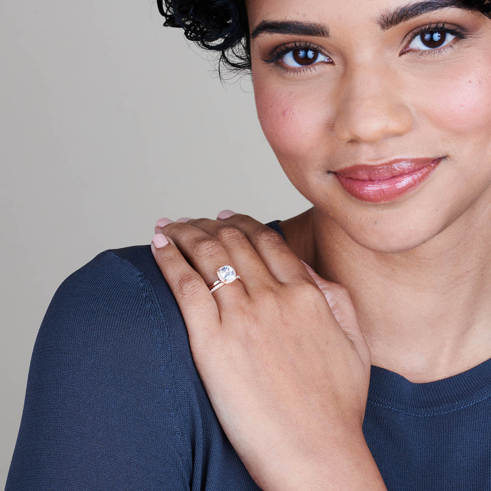 Model Wearing Plain Shank Halo Diamond Wedding Band view