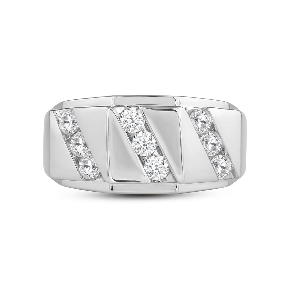 3 Row Channel Set Diamond Accent Men's Ring with 18KT White Gold / Lab / 1 Cut Diamond in 14KT White Gold / Lab / 1 view 1
