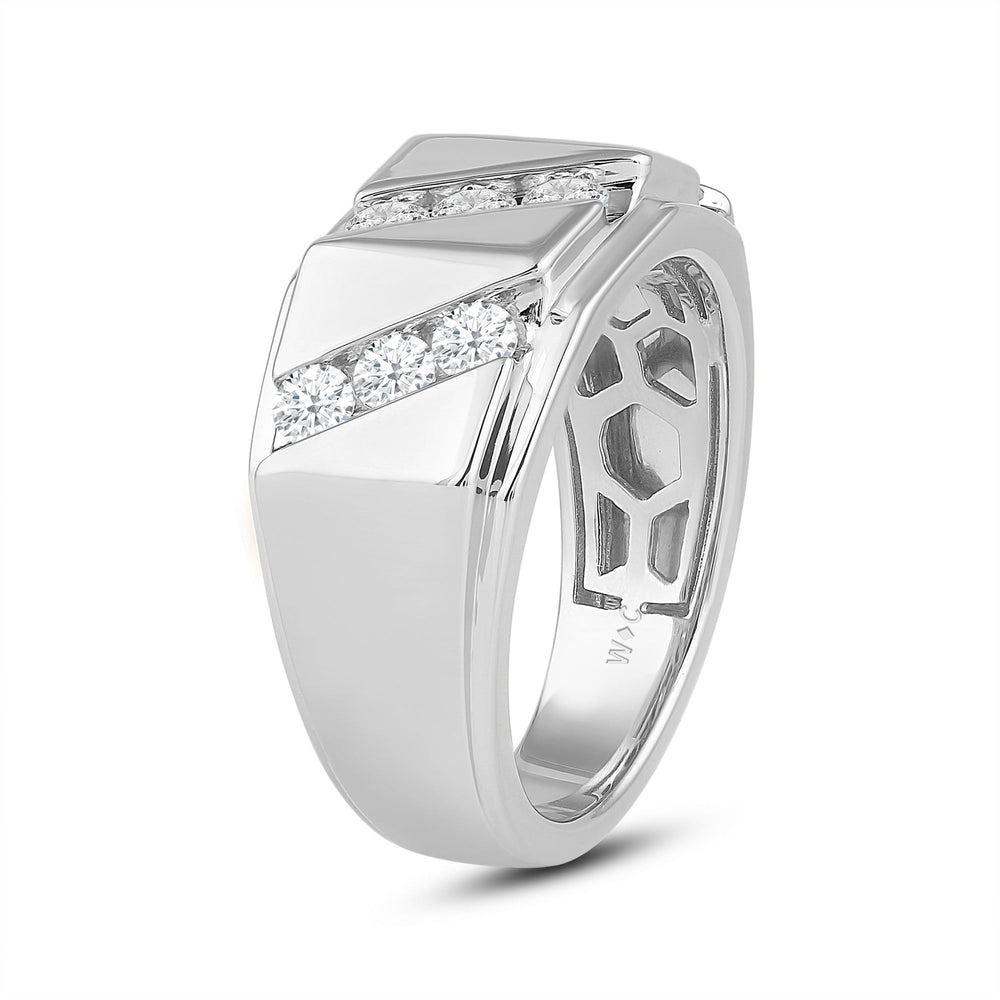 3 Row Channel Set Diamond Accent Men's Ring with 18KT White Gold / Lab / 1 Cut Diamond in 14KT White Gold / Lab / 1 view 3
