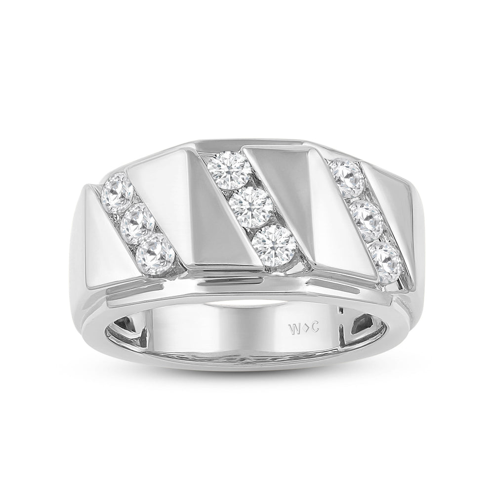 3 Row Channel Set Diamond Accent Men's Ring with 18KT White Gold / Lab / 1 Cut Diamond in 14KT White Gold / Lab / 1 view 2
