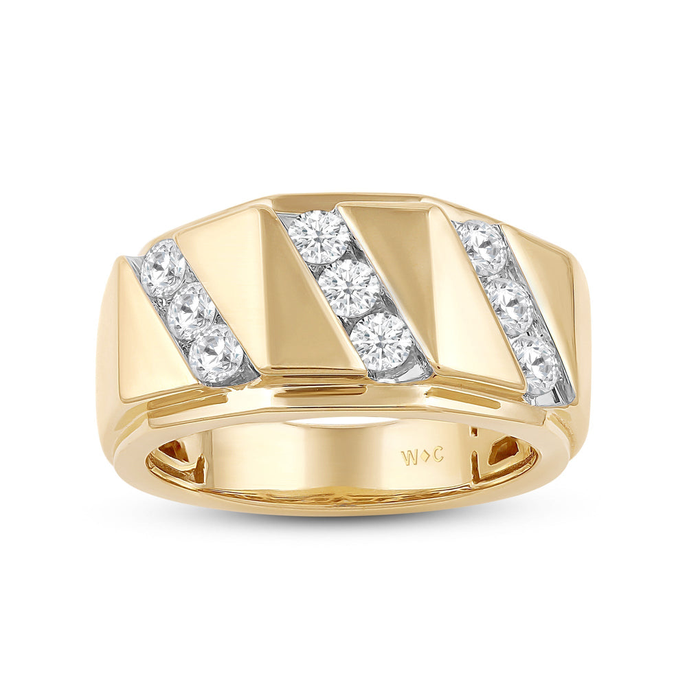 3 Row Channel Set Diamond Accent Men's Ring with 18KT Yellow Gold / Lab / 1 Cut Diamond in 14KT Yellow Gold / Lab / 1 view 2
