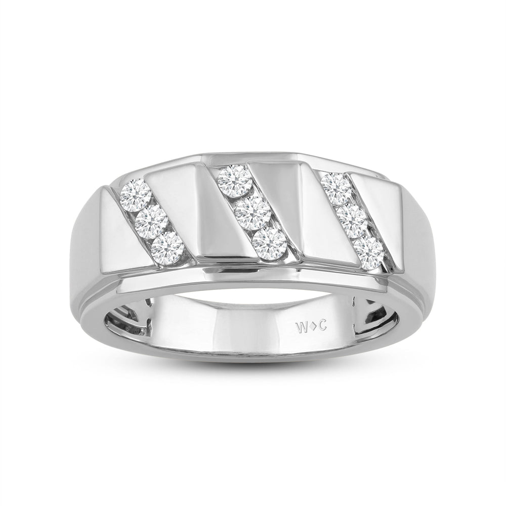 3 Row Channel Set Diamond Accent Men's Ring with 18KT White Gold / Lab / 1/2 Cut Diamond in 14KT White Gold / Lab / 1/2 view 2
