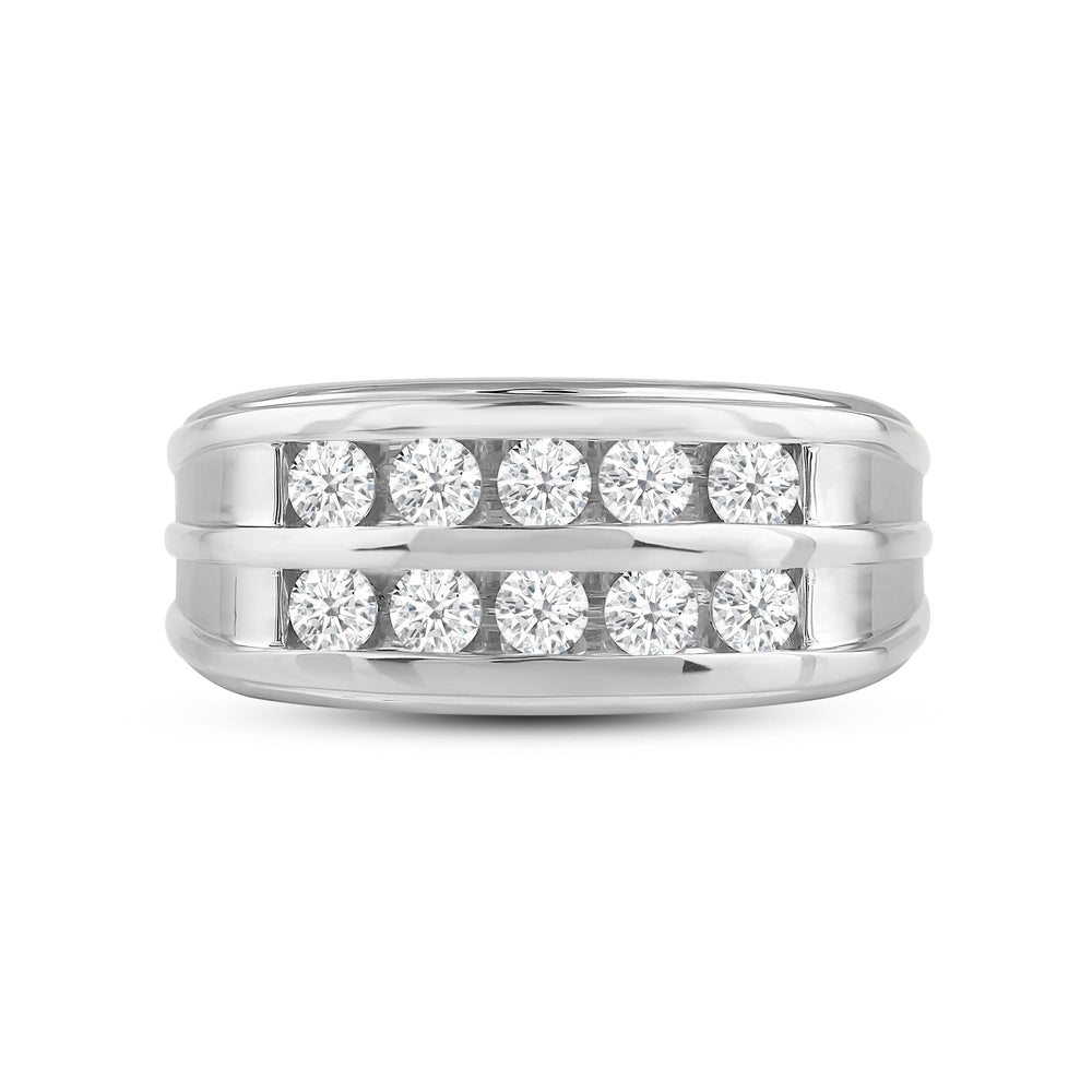 Two -Tone Channel Set 2 Row Diamond Men's Ring with 18KT White Gold / Lab / 1 Cut Diamond in 14KT White Gold / Lab / 1 view 1
