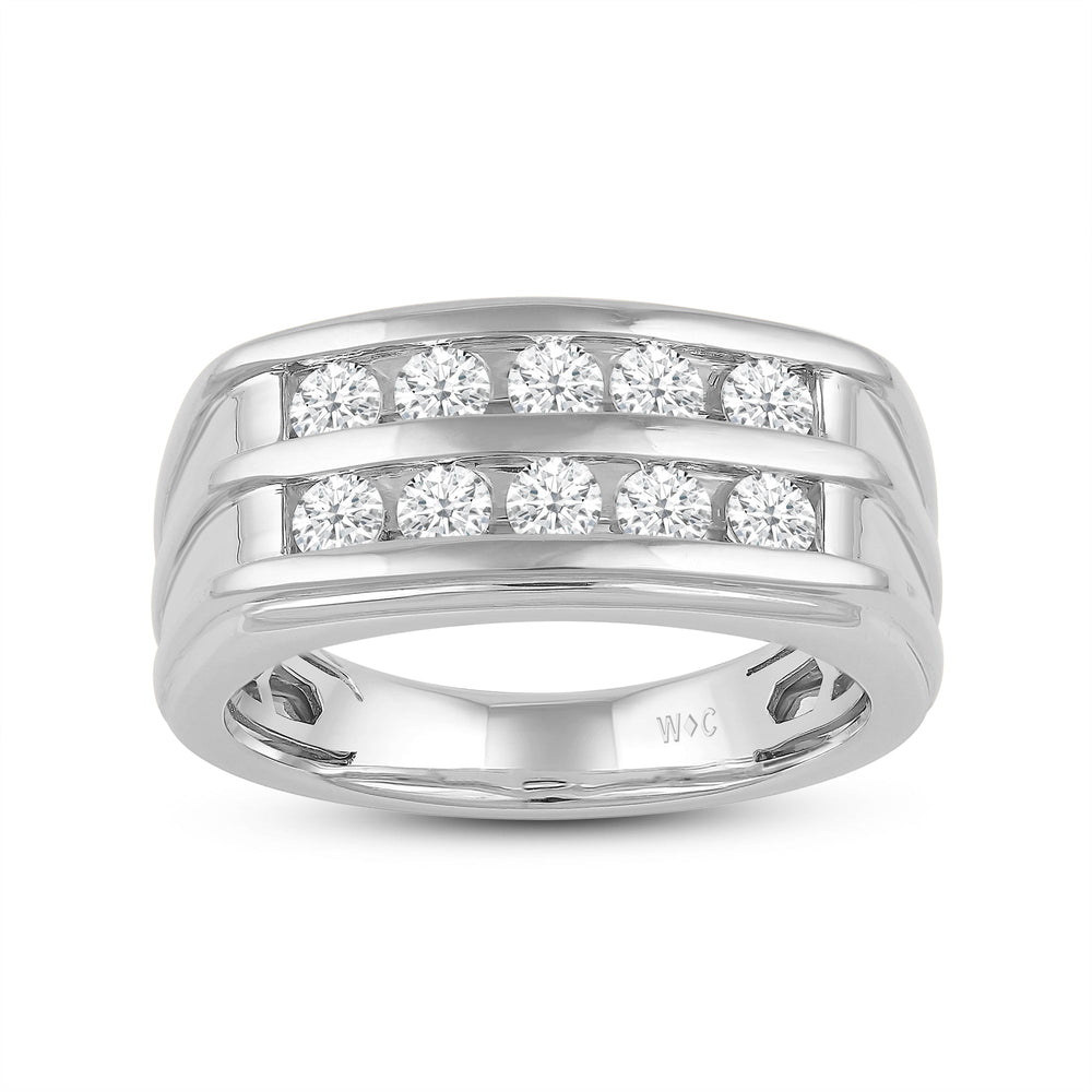 Two -Tone Channel Set 2 Row Diamond Men's Ring with 18KT White Gold / Lab / 1 Cut Diamond in 14KT White Gold / Lab / 1 view 2
