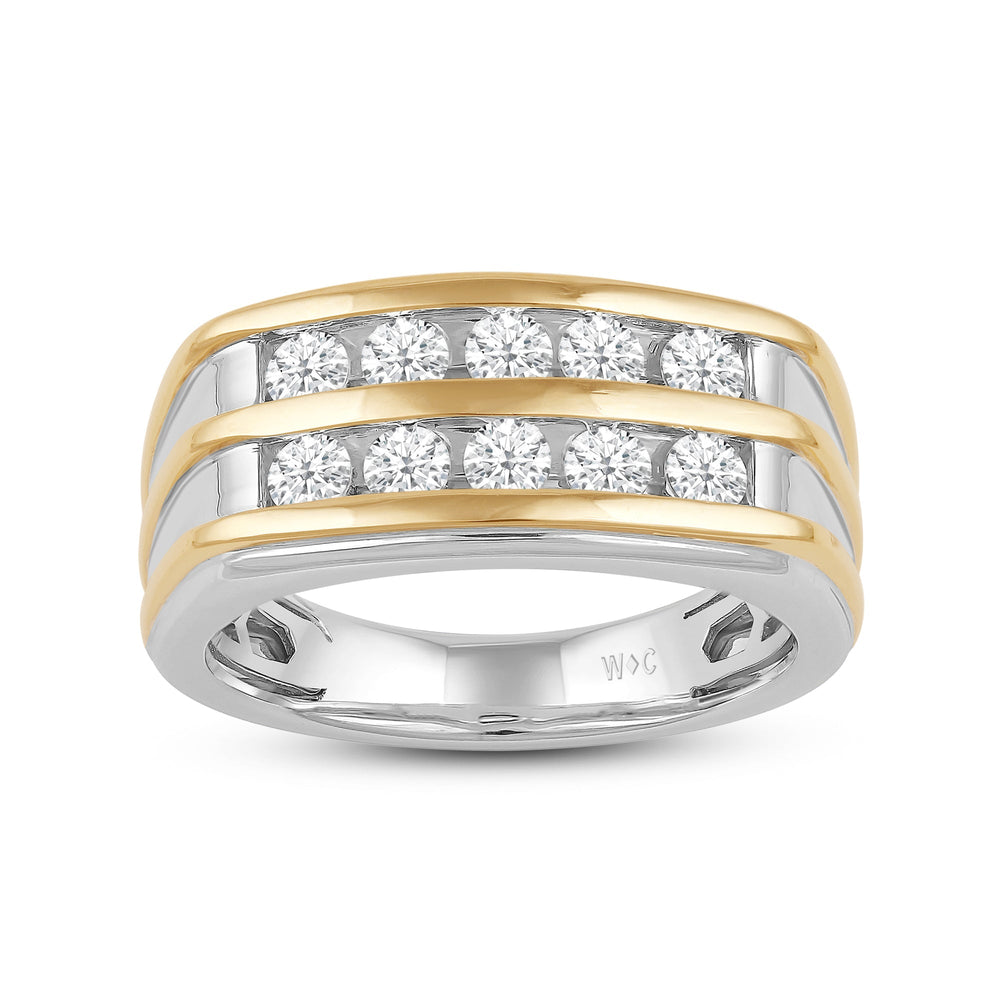 Two -Tone Channel Set 2 Row Diamond Men's Ring with 18KT White & Yellow Gold / Lab / 1 Cut Diamond in 14KT White & Yellow Gold / Lab / 1 view 2
