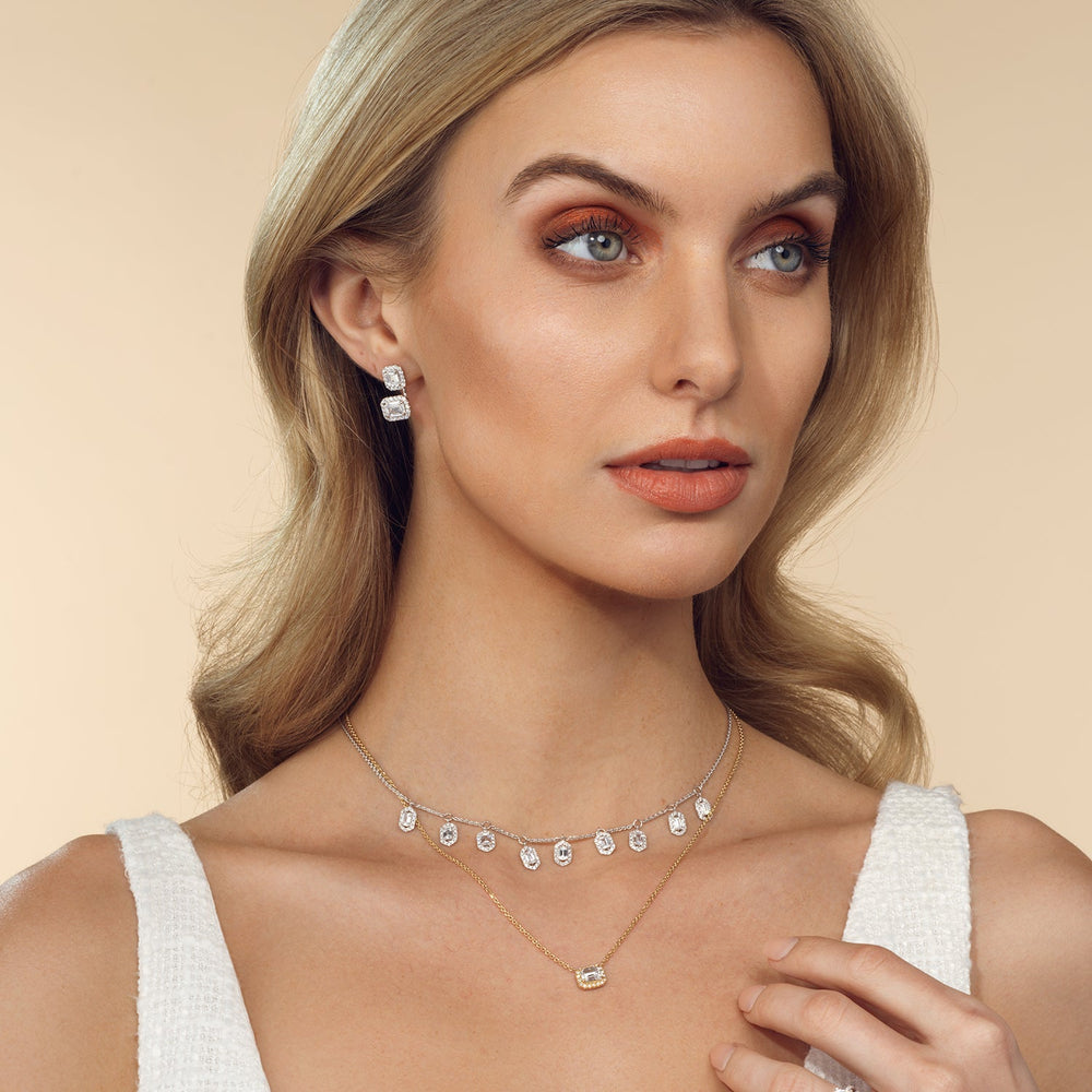 Model Wearing Halo Station Diamond Necklace view