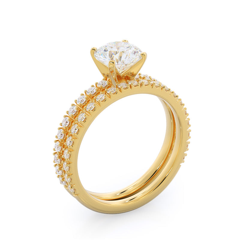 Open French Cut Pave Diamond Wedding Band with 18KT Yellow Gold Cut Diamond in 14KT Yellow Gold view 3
