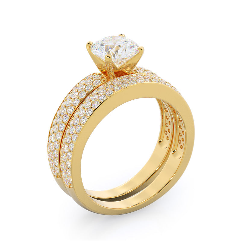 Three Row Micro Pave Diamond Engagement Ring with Oval Cut Diamond in 14KT Yellow Gold view 4
